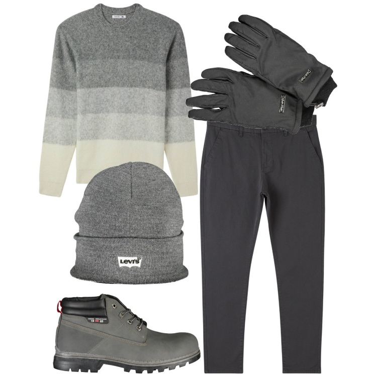 Outfit uomo - Pronto. Stile Casual per Tutti i giorni. Abbinamento con pantaloni chino, maglieria, stivali, berretti, guanti.