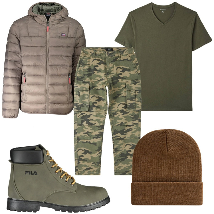 Outfit uomo - Total look #2011993. Stile Trendy per Tutti i giorni. Abbinamento con pantaloni cargo, t-shirt, berretti, giacche, stivali.