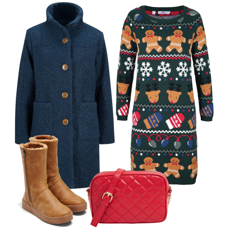 Outfit donna - Natale in strada. Stile Casual per Tutti i giorni. Abbinamento con stivali, cappotti, vestiti, borse a tracolla.