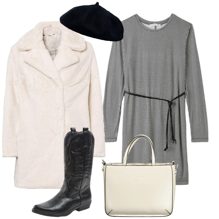 Outfit donna - Bon ton in bianco. Stile Bon Ton per Tutti i giorni. Abbinamento con ecopellicce, vestiti midi/longuette, stivali, cappelli e berretti, borse a spalla.