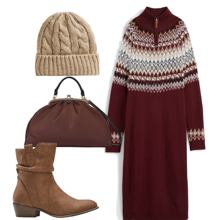 Outfit donna - L\'abitone rosso cupo. Stile Bon Ton per Tutti i giorni. Abbinamento con vestiti, stivaletti texani, berretti, borse a spalla.