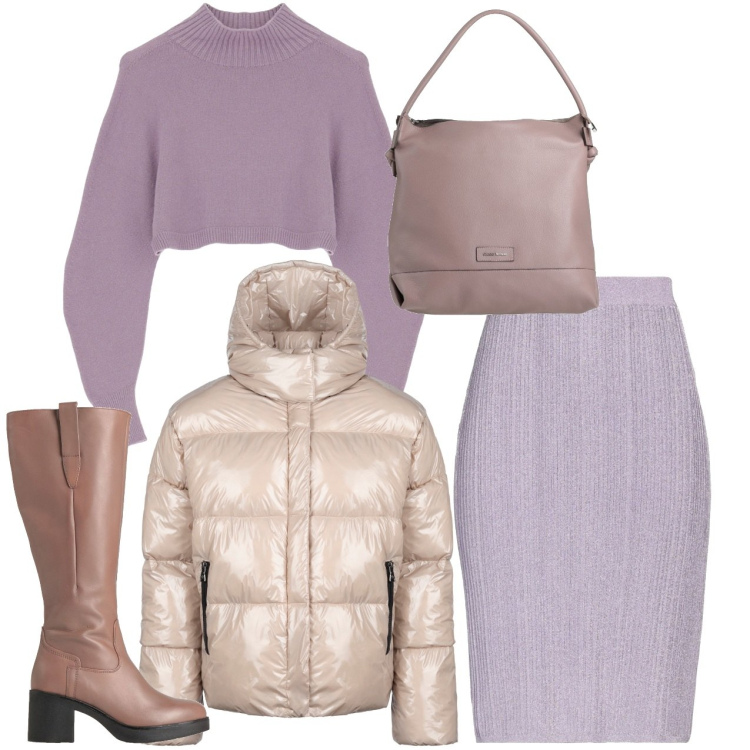 Outfit donna - Cipria e glicine. Stile Chic per Tutti i giorni. Abbinamento con stivali, gonne longuette, borse a secchiello, maglieria, blazer.