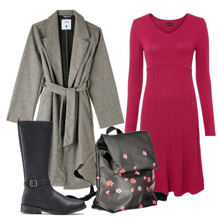 Outfit donna - Rosso e grigio. Stile Bon Ton per Tutti i giorni. Abbinamento con stivali, vestiti, cappotti, zaini.
