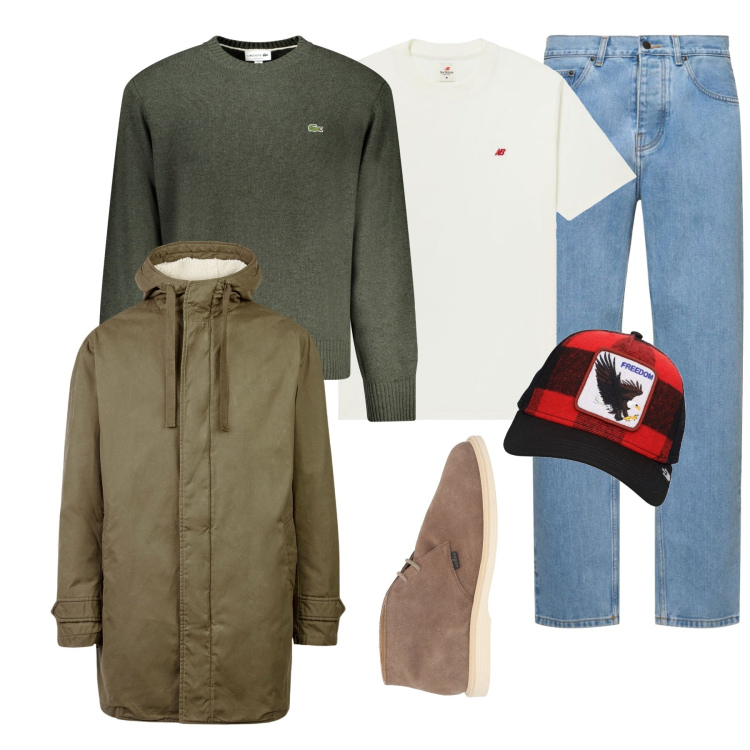 Outfit uomo - Costa. Stile Casual per Tutti i giorni. Abbinamento con stivali e stivaletti, t-shirt, maglieria, cappelli con visiera, parka, pantaloni.