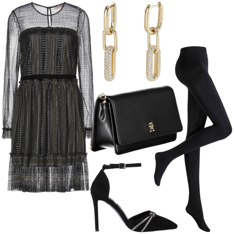 Outfit donna - Total look #2012035. Stile Glamour per Serata fuori. Abbinamento con collant, vestiti midi/longuette, décolleté, orecchini, borse a tracolla.