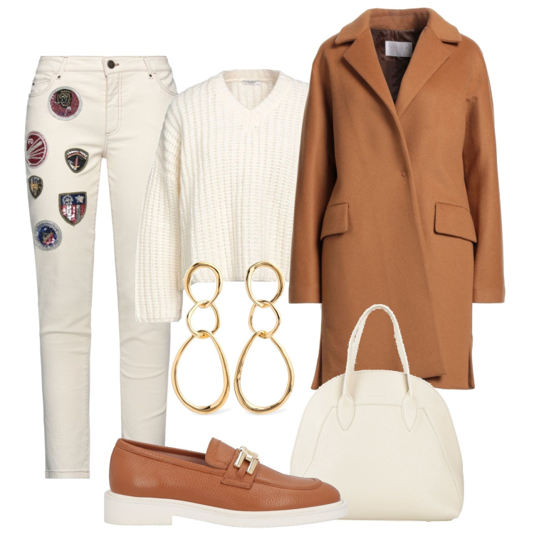 Outfit donna - I jeans con gli stemmi. Stile Sporty chic per Tutti i giorni. Abbinamento con jeans slim fit, cappotti, pullovers, mocassini, borse a mano, orecchini.