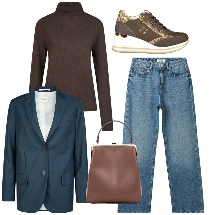 Outfit donna - Moro e navy. Stile Bon Ton per Ufficio. Abbinamento con jeans dritti, blazer, sneakers, pullovers, borse a spalla.