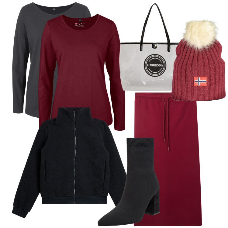 Outfit donna - Doppia maglia. Stile Chic per Tutti i giorni. Abbinamento con maglieria, gonne, stivaletti, shopping bag, blazer, berretti.