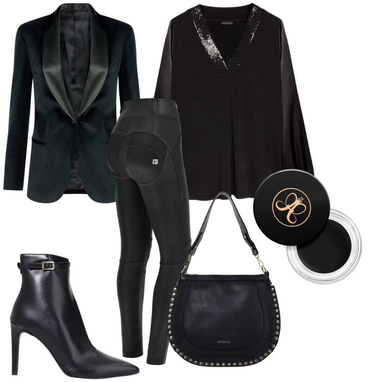 Outfit donna - Smokey eyes. Stile Chic per Ufficio. Abbinamento con ombretti, borse a spalla, stivaletti, pantaloni skinny, blazer, bluse.