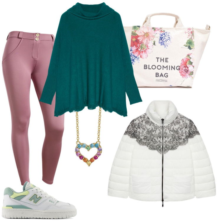 Outfit donna - Stasera pizza. Stile Casual chic per Serata fuori. Abbinamento con collane, sneakers, borse tote, pantaloni skinny, piumini, maglieria.