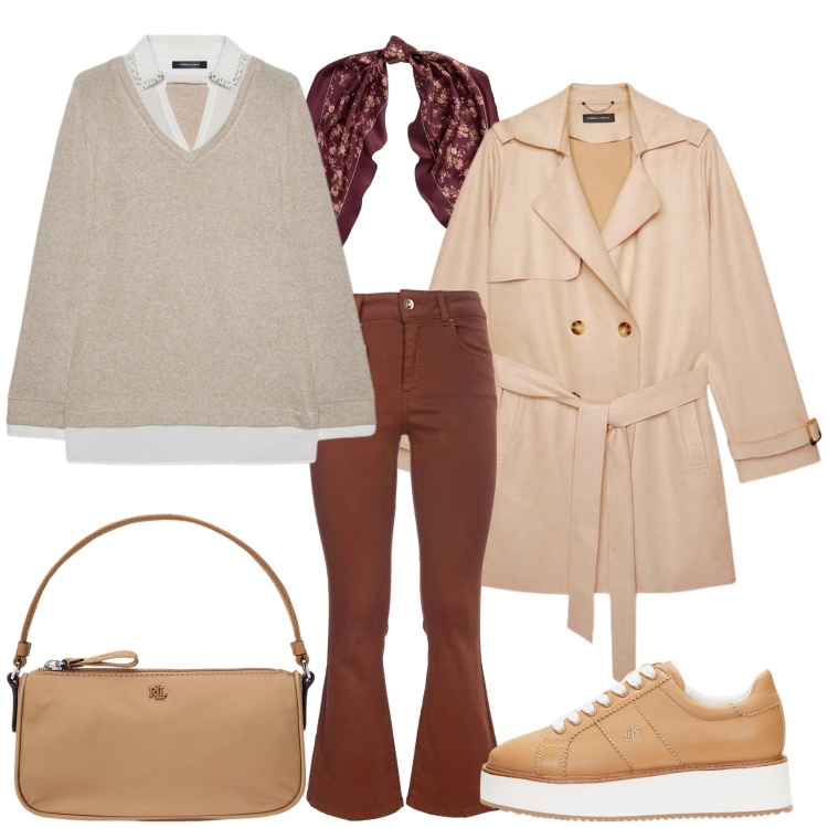 Outfit donna - Neutro. Stile Chic per Ufficio. Abbinamento con pantaloni, foulard, sneakers, pochette, maglieria, trench.