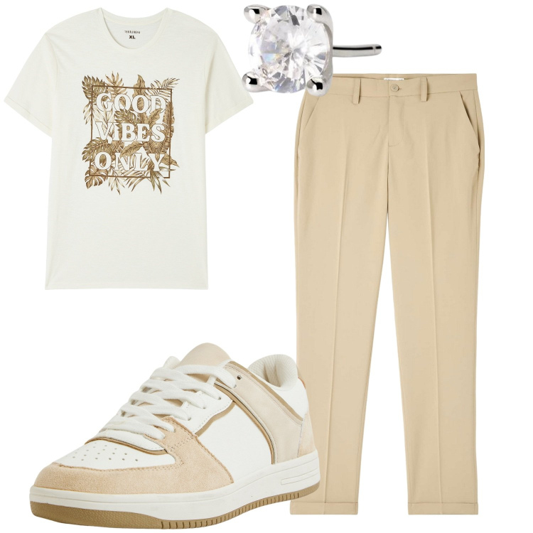 Outfit uomo - Total look #2012064. Stile Casual per Tutti i giorni. Abbinamento con sneakers, pantaloni chino, t-shirt, orecchini.