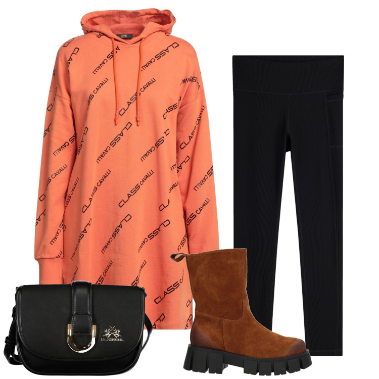 Outfit donna - I leggings e l\'abito felpa. Stile Urban per Tutti i giorni. Abbinamento con vestiti corti, stivaletti, leggings, borse a tracolla.