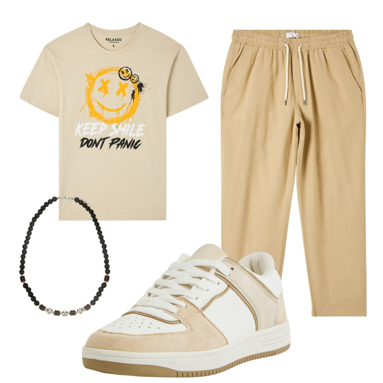 Outfit uomo - Toni caldi. Stile Casual per Tutti i giorni. Abbinamento con t-shirt, pantaloni, sneakers, collane.