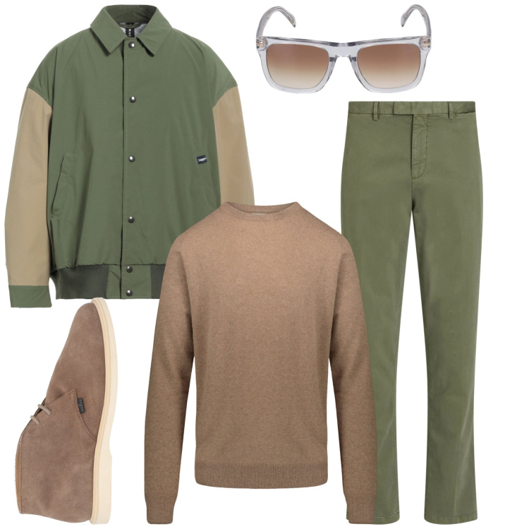 Outfit uomo - Il bomber bicolore. Stile Casual per Tutti i giorni. Abbinamento con pantaloni chino, stivali e stivaletti, giacche, maglieria, occhiali da sole.