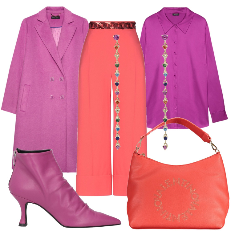 Outfit donna - Total look #2012128. Stile Glamour per Ufficio. Abbinamento con pantaloni, stivaletti, orecchini, borse a spalla, cappotti, camicie.