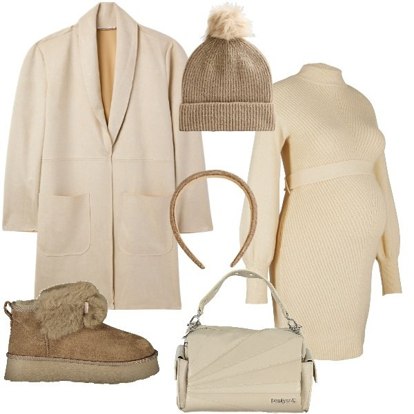 Outfit donna - Look premaman. Stile Casual per Tutti i giorni. Abbinamento con vestiti, cerchietti, trench, berretti, stivali, borse a spalla.