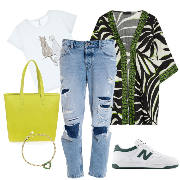 Outfit donna - Cena con amiche. Stile Casual Abbinamento con braccialetti, sneakers, jeans boyfriend, shopping bag, t-shirt, kimono.