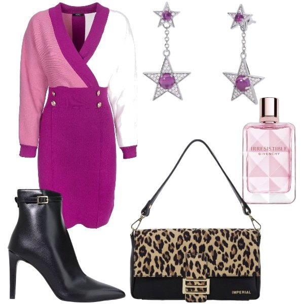 Outfit donna - cena con le amiche. Stile Glamour per Serata fuori. Abbinamento con profumi, orecchini, vestiti, stivaletti, borse a spalla.