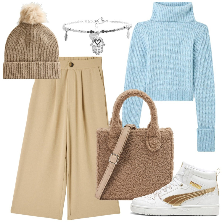 Outfit donna - Pantaloni palazzo. Stile Casual per Scuola/Università. Abbinamento con pantaloni a palazzo, maglieria, shopping bag, berretti, braccialetti, sneakers.