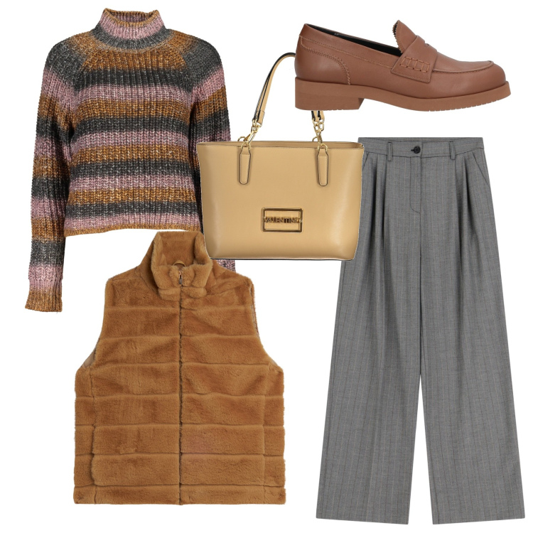 Outfit donna - Il pullover melange. Stile Bon Ton per Tutti i giorni. Abbinamento con mocassini, pantaloni, gilet, maglieria, borse a spalla.