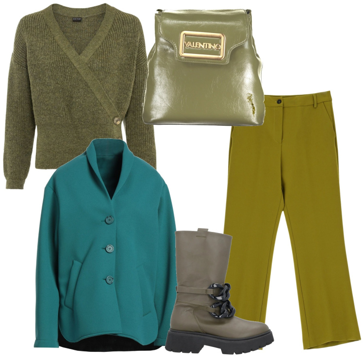 Outfit donna - Sfumature di verde. Stile Bon Ton per Tutti i giorni. Abbinamento con maglieria, stivali, cappotti, pantaloni, zaini.