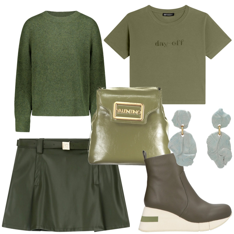 Outfit donna - Minigonna verde oliva. Stile Preppy per Scuola/Università. Abbinamento con stivaletti, orecchini, minigonne, t-shirt, maglieria, zaini.