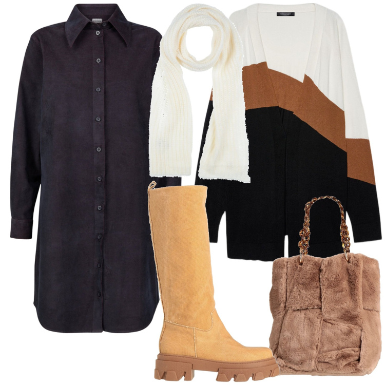 Outfit donna - Coperta e comoda. Stile Trendy per Tutti i giorni. Abbinamento con borse a mano, stivali, sciarpe, vestiti chemisier, cardigans.