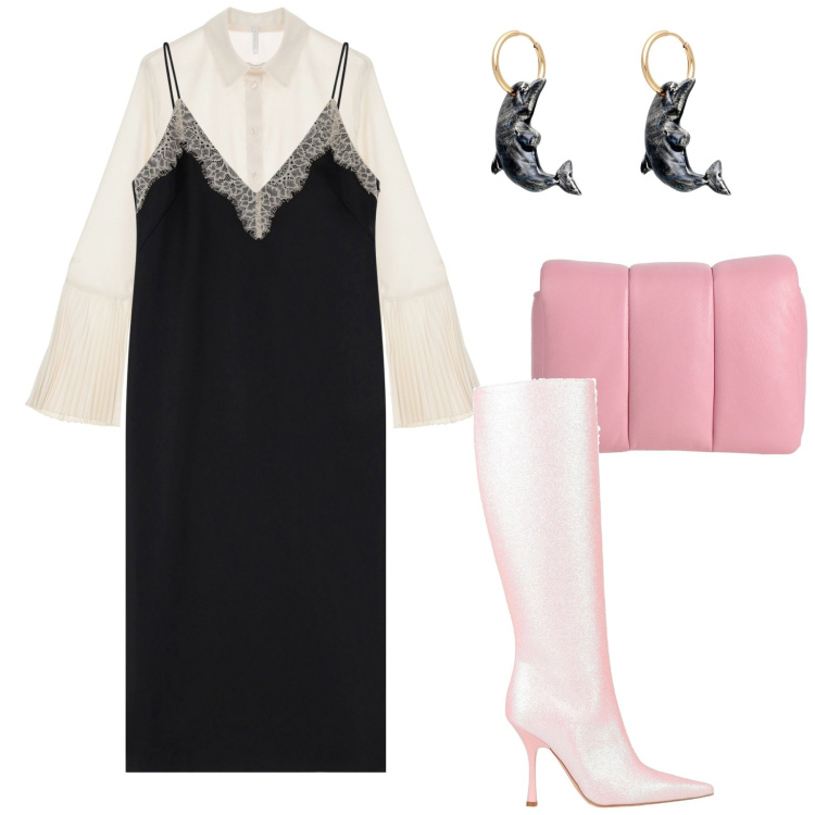 Outfit donna - Fare festa. Stile Glamour per Serata fuori. Abbinamento con stivali, orecchini, borse a mano, vestiti midi/longuette, camicie.