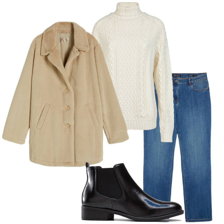 Outfit donna - In città. Stile Casual per Tutti i giorni. Abbinamento con stivaletti chelsea, cappotti, jeans dritti, maglieria.