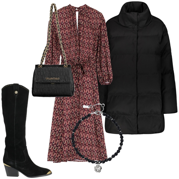 Outfit donna - Serata con amici. Stile Casual chic per Serata fuori. Abbinamento con stivali, braccialetti, vestiti midi/longuette, cappotti, borse a spalla.