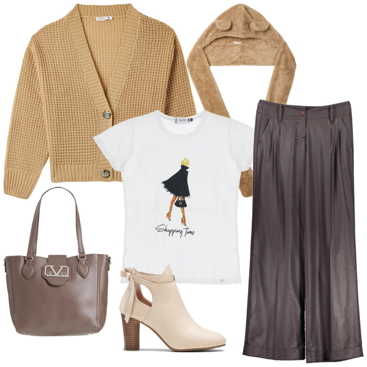 Outfit donna - Fine settimana. Stile Casual per Tutti i giorni. Abbinamento con stivaletti, borse a mano, cardigans, berretti, t-shirt, pantaloni.
