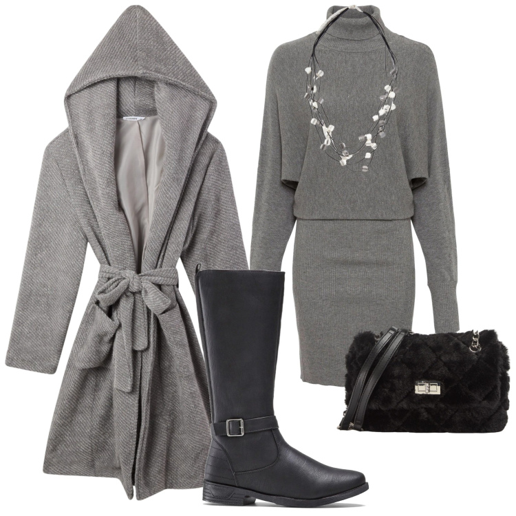 Outfit donna - In ufficio. Stile Basic per Ufficio. Abbinamento con vestiti, stivali, cappotti, borse a spalla, collane.