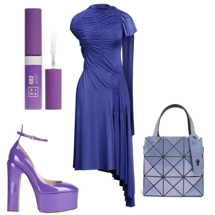 Outfit donna - Orlo asimmetrico. Stile Glamour per Serata fuori. Abbinamento con vestiti asimmetrici, décolleté, mascara, borse a mano.
