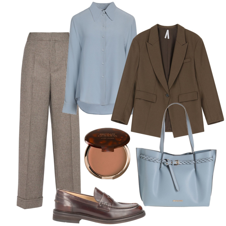 Outfit donna - Azzurro polvere e caffè. Stile Glamour per Ufficio. Abbinamento con borse a spalla, camicie, mocassini, terre, blazer, pantaloni.