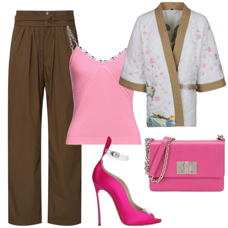 Outfit donna - Un tocco orientale. Stile Etnico per Serata fuori. Abbinamento con top, borse a tracolla, décolleté, kimono, pantaloni.