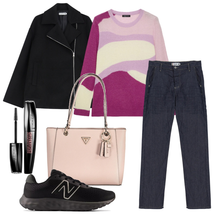 Outfit donna - Onde. Stile Casual per Tutti i giorni. Abbinamento con mascara, sneakers, jeans dritti, blazer, maglieria, borse a spalla.