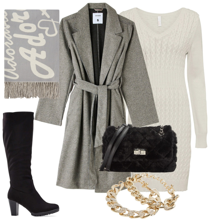 Outfit donna - Nuove amicizie. Stile Casual chic per Tutti i giorni. Abbinamento con stivali, vestiti, cappotti, borse a spalla, braccialetti, sciarpe.