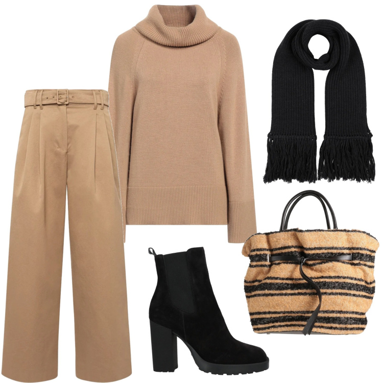 Outfit donna - In citta\'. Stile Urban per Tutti i giorni. Abbinamento con maglieria, sciarpe, stivaletti, borse a mano, pantaloni.