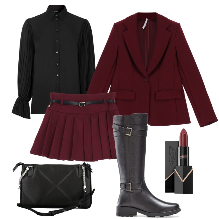 Outfit donna - Minigonna e camicetta plissettate. Stile Glamour per Ufficio. Abbinamento con stivali, camicie, rossetti, minigonne, blazer, borse a tracolla.