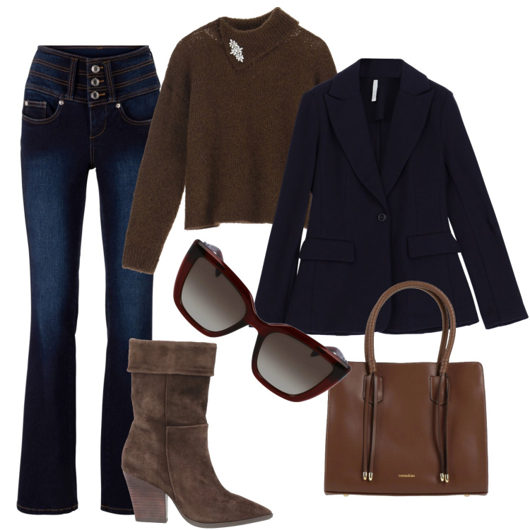Outfit donna - Jeans e blazer very cool. Stile Trendy per Tutti i giorni. Abbinamento con jeans bootcut, stivaletti, borse a mano, maglieria, blazer, occhiali da sole.