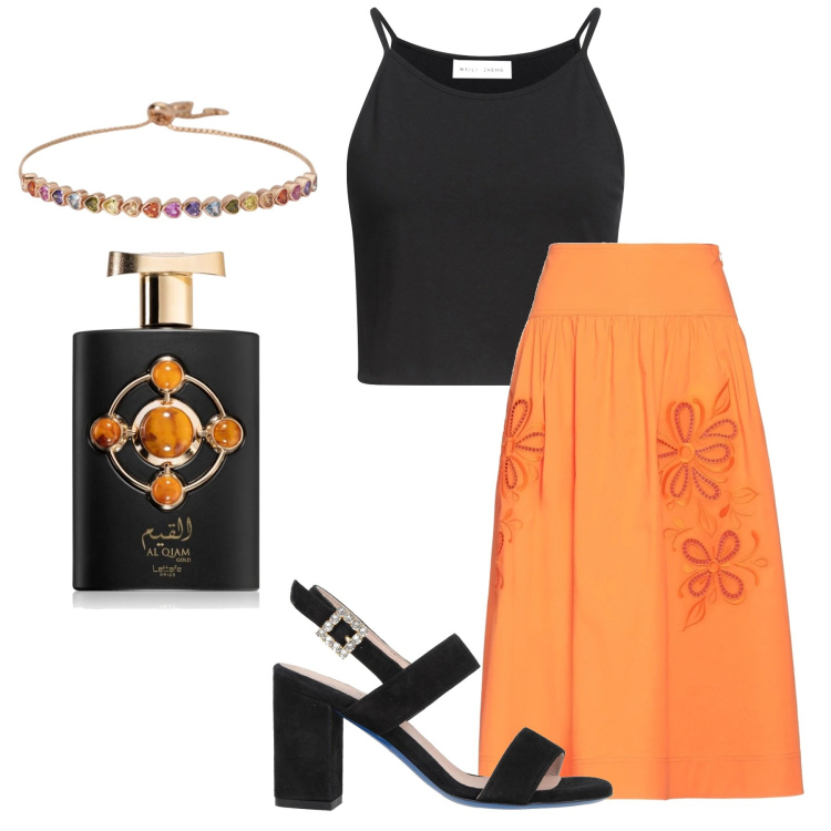 Outfit donna - Nero e arancio. Stile Etnico per Serata fuori. Abbinamento con gonne longuette, top, sandali in pelle, profumi, braccialetti.