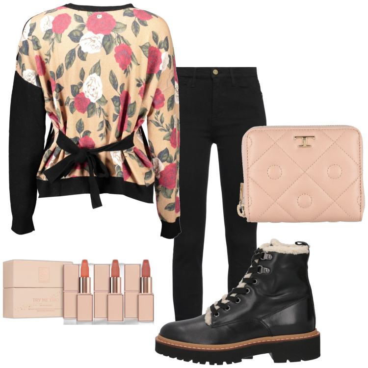 Outfit donna - Total look #2012384. Stile Casual chic per Tutti i giorni. Abbinamento con stivaletti, jeans skinny, portafogli, rossetti, cardigans.