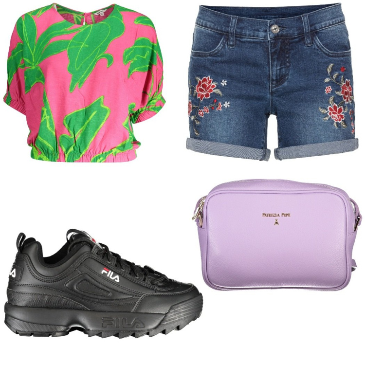 Outfit donna - Un aperitivo. Stile Basic per Tutti i giorni. Abbinamento con shorts, borse a tracolla, sneakers, t-shirt.