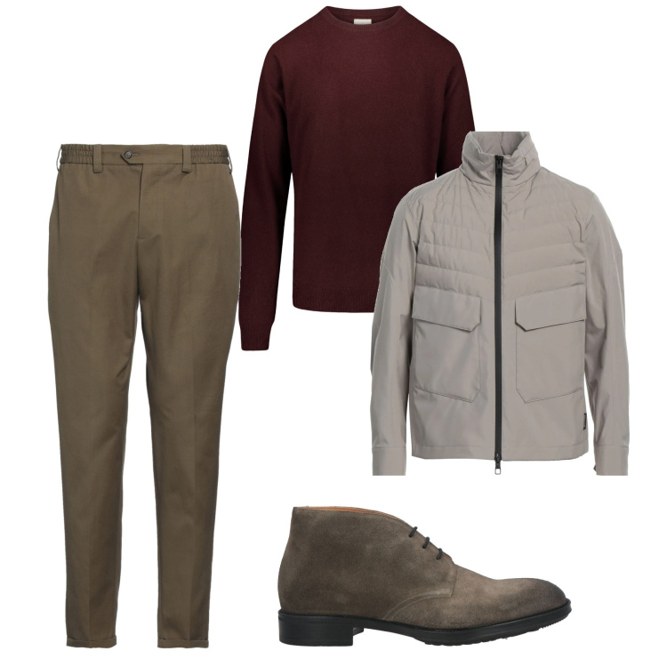 Outfit uomo - Sereno. Stile Casual per Ufficio. Abbinamento con piumini, stivali e stivaletti, pantaloni, maglieria.