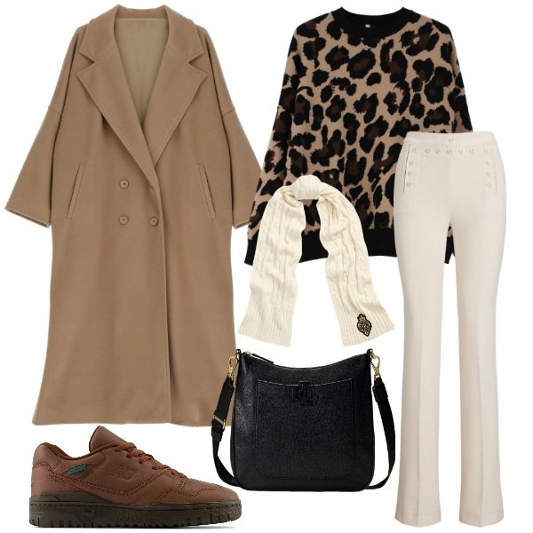 Outfit donna - Caldo inverno col cappotto. Stile Urban per Ufficio. Abbinamento con sneakers, cappotti, maglieria, borse a tracolla, pantaloni, sciarpe.