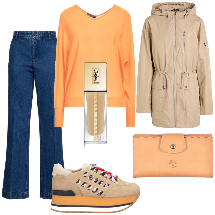 Outfit donna - Total look #2012414. Stile Basic per Tutti i giorni. Abbinamento con sneakers, pullovers, trench, portafogli, fondotinta, jeans.