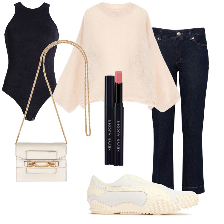 Outfit donna - Total look #2012415. Stile Casual chic per Tutti i giorni. Abbinamento con body, portafogli, rossetti, pullovers, jeans, sneakers.