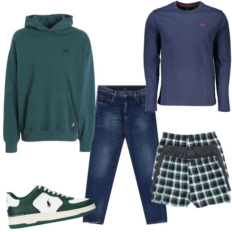Outfit uomo - Blu & verde bottiglia casual. Stile Casual per Tutti i giorni. Abbinamento con boxer, felpe con cappuccio, jeans slim fit, sneakers, t-shirt.