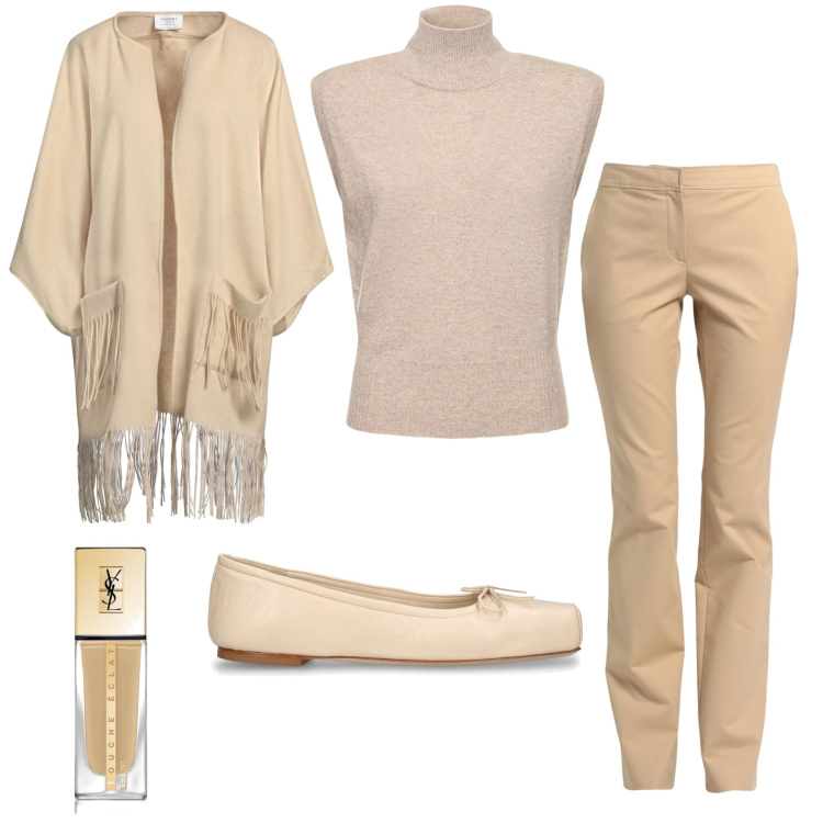 Outfit donna - Crema. Stile Bon Ton per Tutti i giorni. Abbinamento con pantaloni, cardigans, fondotinta, maglieria, ballerine.